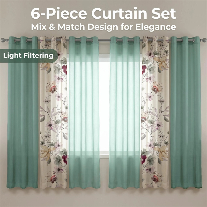Conjunto de Cortinas de 6 Piezas - Diseño Estadounidense en Verde Salmón y Florales Botánicos con Filtración Suave, Paneles Semi-Transparentes con Topes de Grommet de 4 cm para Ventanas Pet-Friendly de Alta Densidad GSM — imagen 7