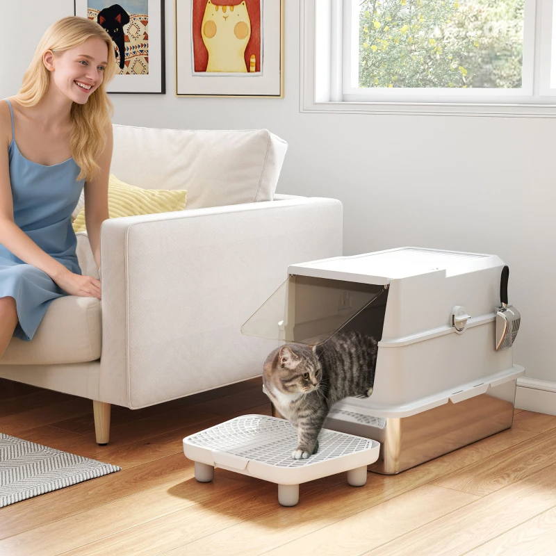 Larga Estantería de Limpieza de Box de Arena para Gatos Grandes con Cubierta Giratoria, Encierro Alto y Cuchara — imagen 11