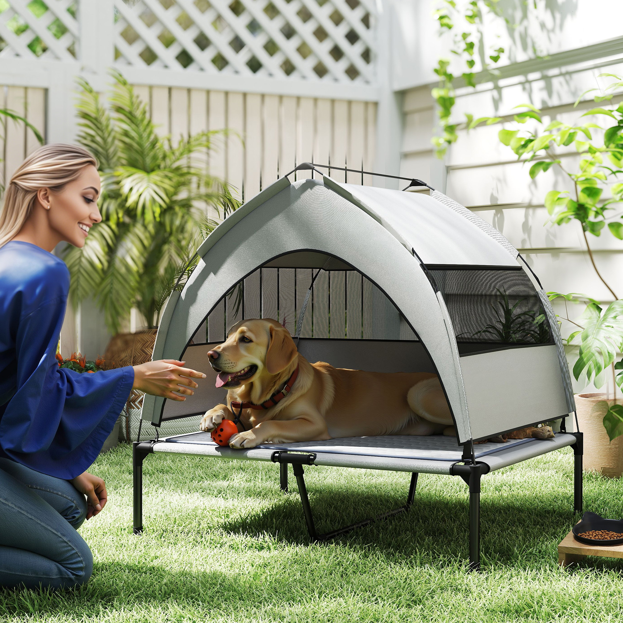 Cama Elevada para Perros con Pabellón Retirable, Cama de Exterior Portátil para Mascotas con Colchón de Enfriamiento y Bolsa de Almacenaje — imagen 1