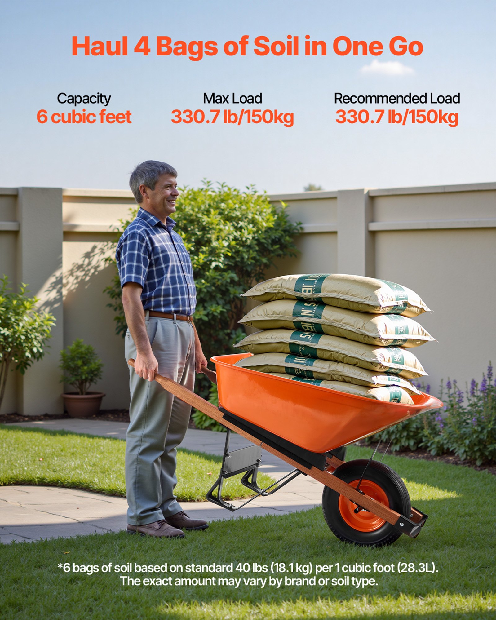 Carrito de Rueda para Jardín, 6 pies cúbicos y 330 lbs de capacidad, Carretilla con Manija de Metal y Ruedas de Pista 16' para Transporte Fácil en Jardines y Granjas — imagen 6