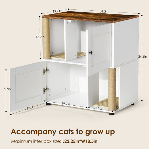 Caja de Limpieza de Gatos Doble con Encierro, Caja de Limpieza para 2 Gatos con Escalera y Estante, Armario para Gatos con Dos Cajas de Arena, Color Blanco Clásico — imagen 9