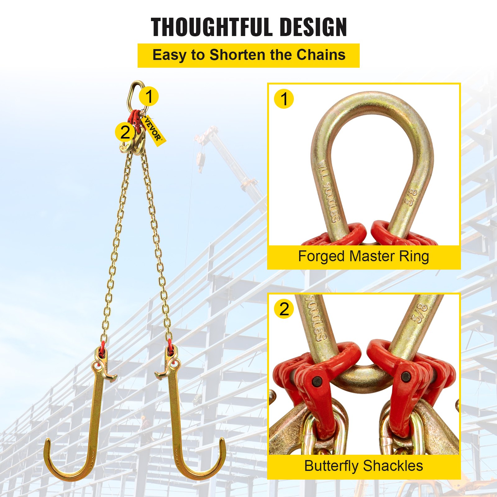 V Bridle Chain, 5/16 In X 2 Ft Bridle Tow Chain, Grade 80 V-Bridle Transport Chain, 9260 Lbs Break Strength With TJ Hooks And Crab Hooks, Heavy Duty Pear Link Connector And Chain Shorteners — imagen 5