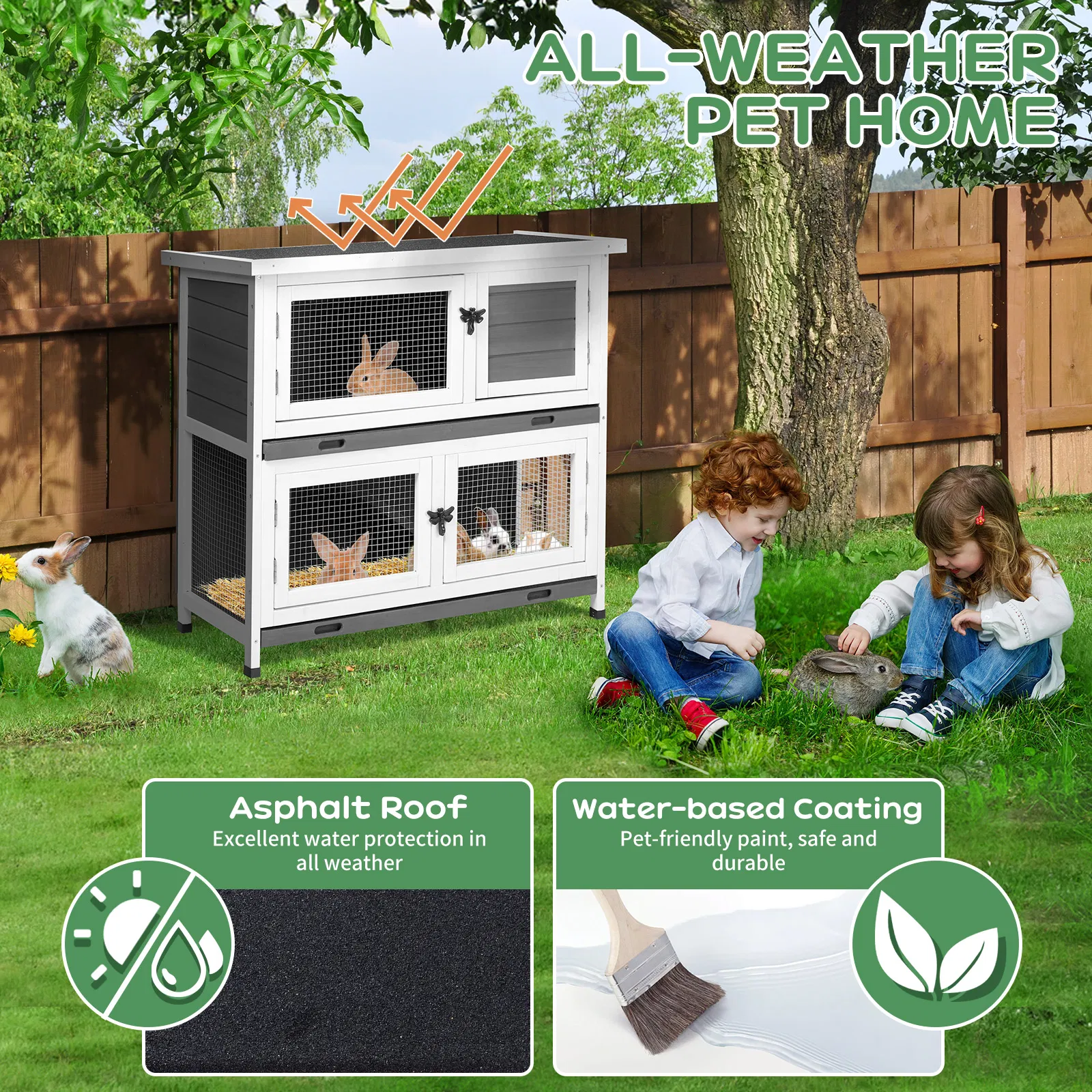 2 Story Solid Wood Rabbit Hutch Bunny Cage with 2 Large Main Rooms, Indoor Outdoor Rabbit House Guinea Pig Cage Pet House for Small Animals with 2 Removable Trays, Grey — image 5