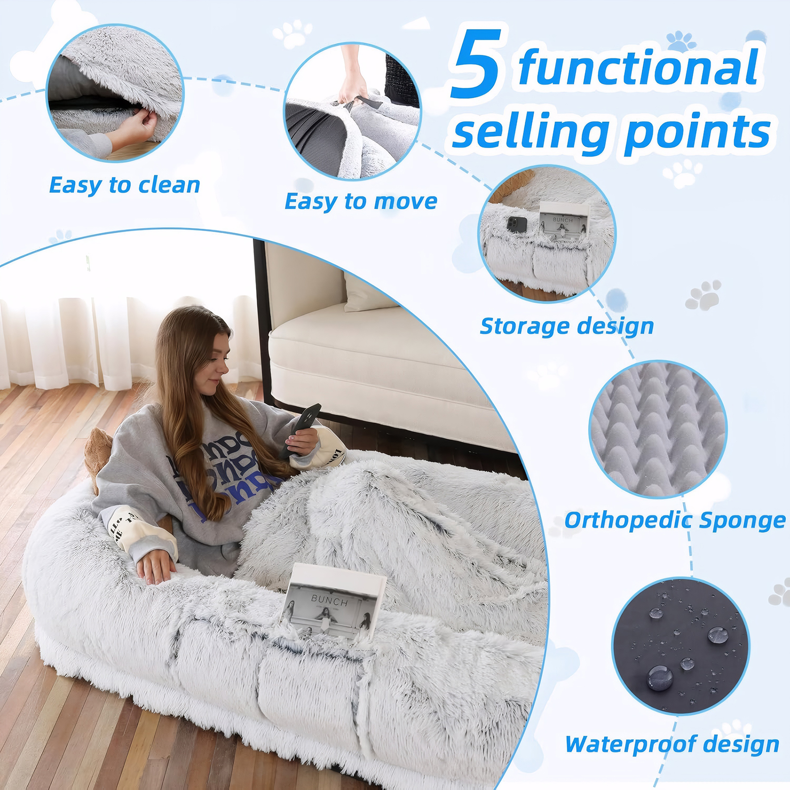 Cama para Humanos y Mascotas, Felpa Sintética Lavable para Descansar Juntos, Colchón Ortopédico de 71''x45''x14'', Perfecto para Tú y Tu Compañero (Gris) - Cobijas y Almohadas NO INCLUIDAS — imagen 9