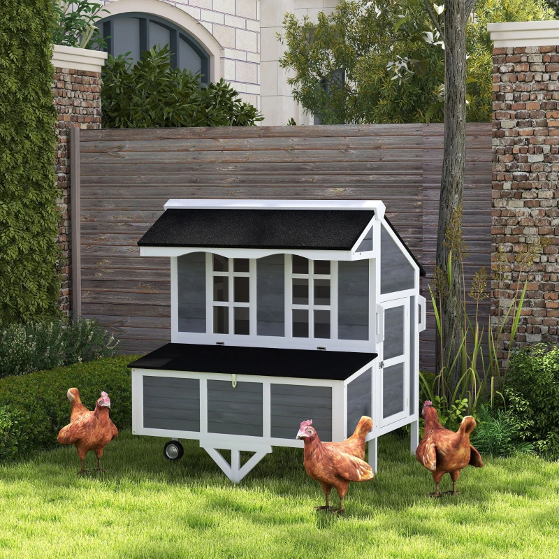 Chicken Coop With Wheels, Chicken Tractor With Nesting Box, Windows, Pull-out Tray, Perches, For 2-4 Hens, Gray — imagen 7
