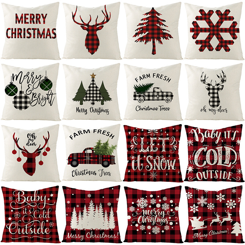 Christmas Pillow with Red Letter Elk Printed Cushion Cover and Linen Pillow Cover — image 1
