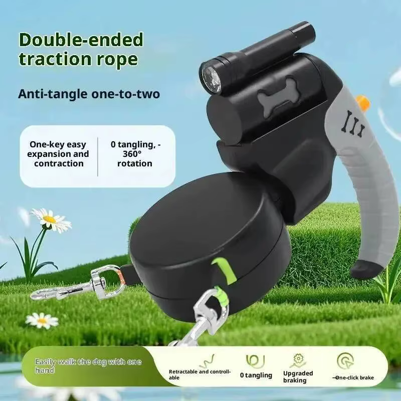 Correa Retráctil Automática de Doble Cabezal para 2 Perros, 3M, con Linterna LED, Cuerda de Tracción Dual 360 Grados — imagen 3