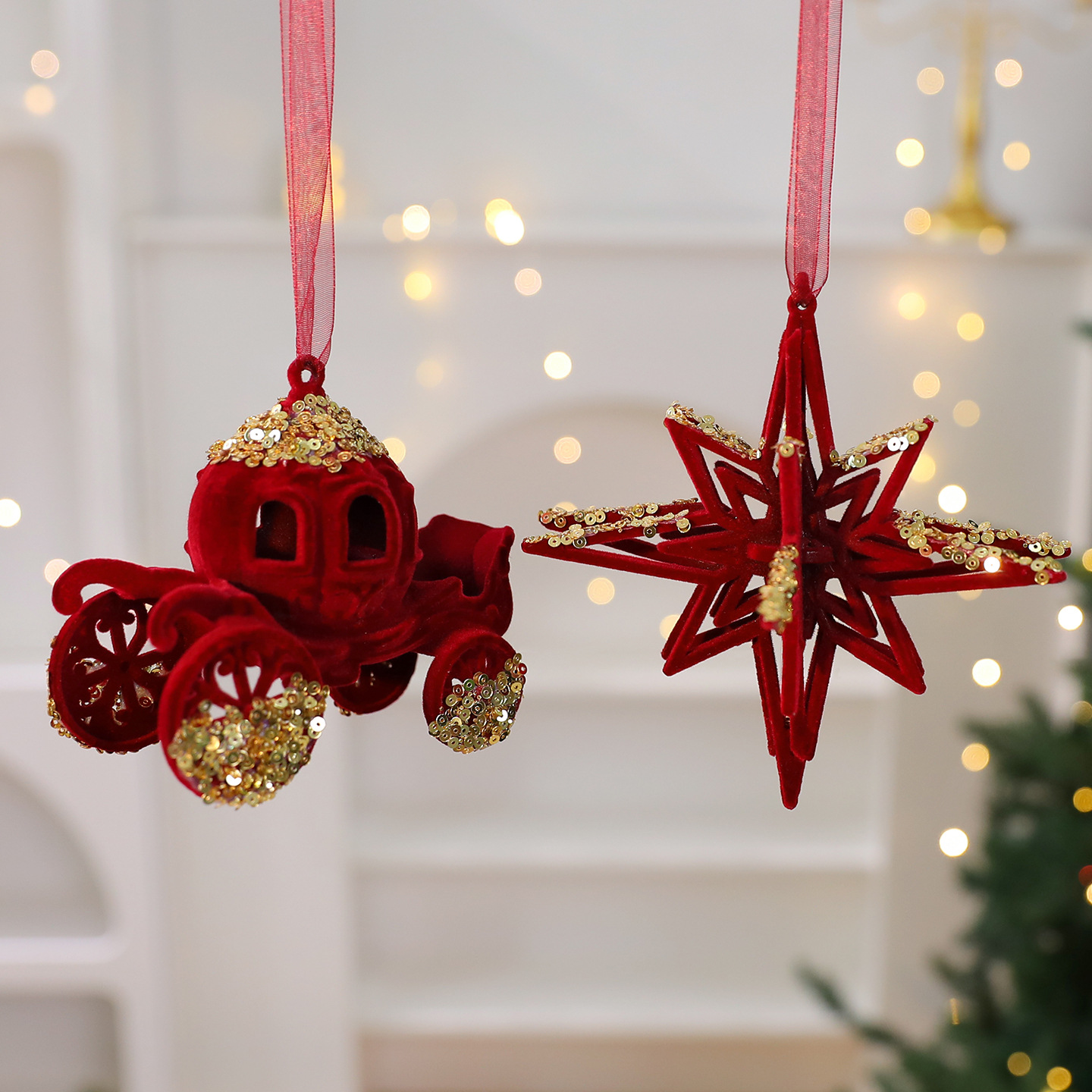 Christmas Decoration Velvet Red Wreath Bow Deer Ornament Tree Hanging Decor — imagen 5