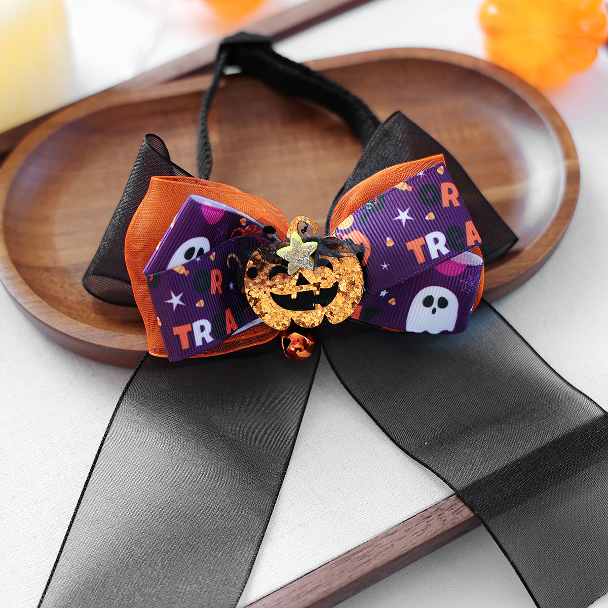 Disfraz de Calabaza de Halloween para Perros y Gatos Pequeños con Collar y Lazo, Accesorios de Vestimenta Festiva — imagen 3