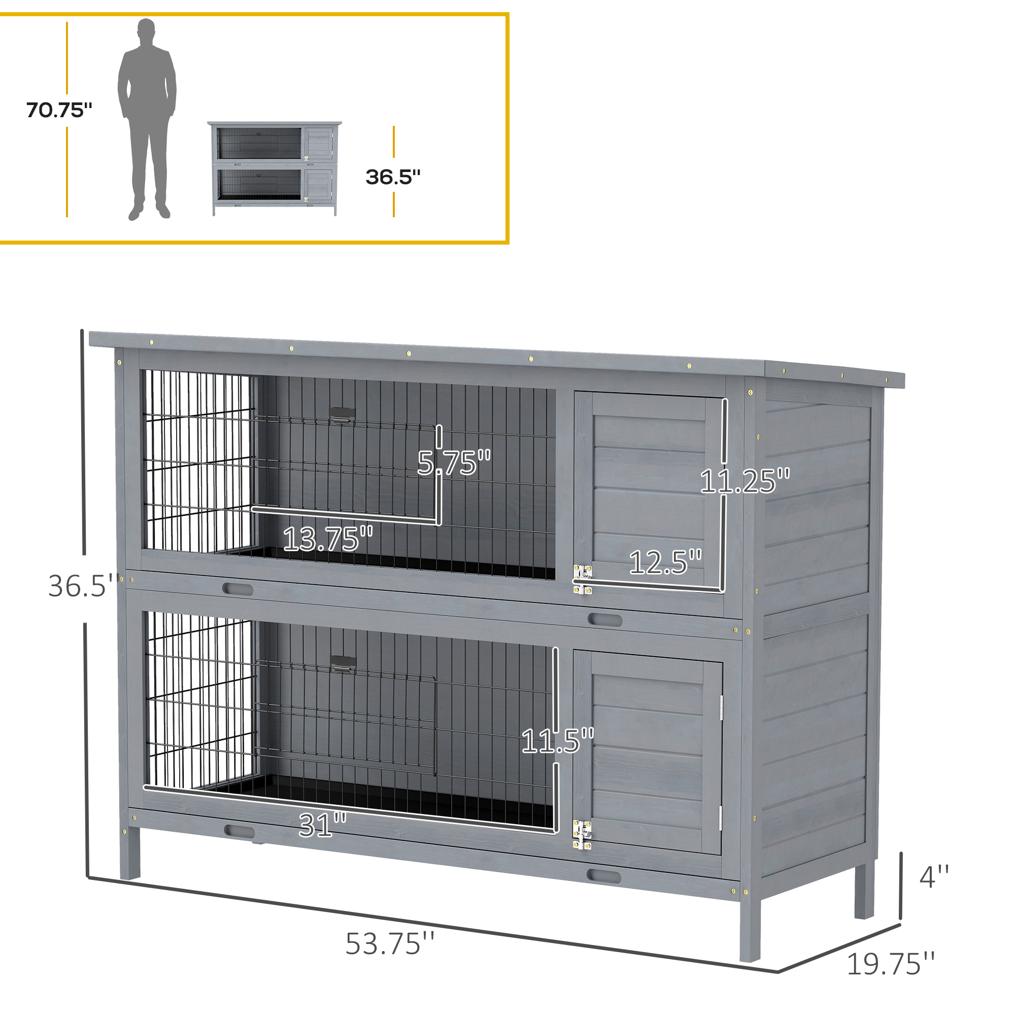 Conejera Grande de Madera de 2 Niveles de 54", Casa para Mascotas, Hábitat para Animales Pequeños con Puertas con Cerradura, Bandeja Antifugas y Techo Impermeable para Conejos, Gallinas y Patos, Interior/Exterior, Gris — imagen 5