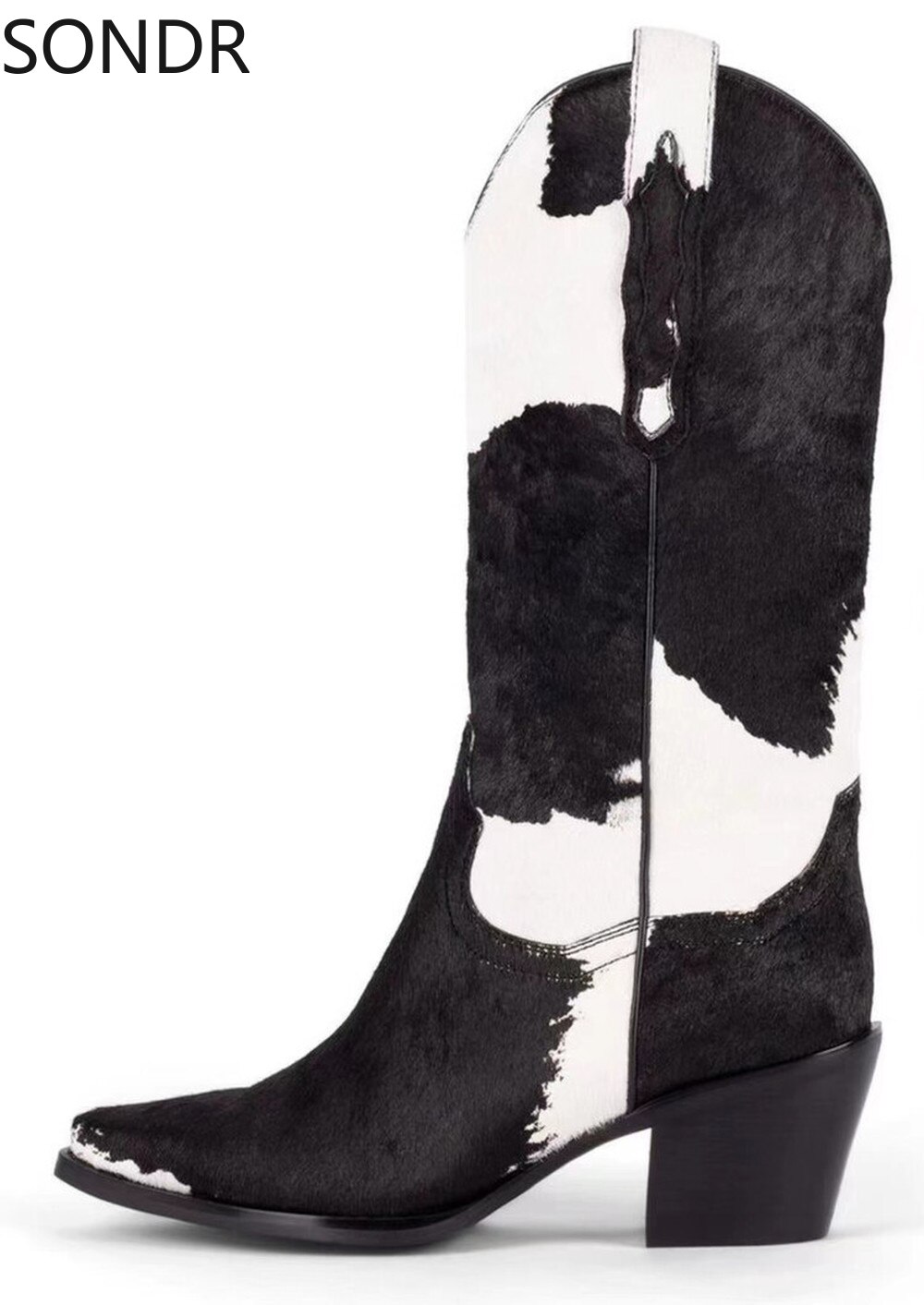 Womens Pointed Toe Real Horse Fur Mid Calf Boots Chunky Heel Shoes Genuine Leather Chelsea Western Cowboy — image 2