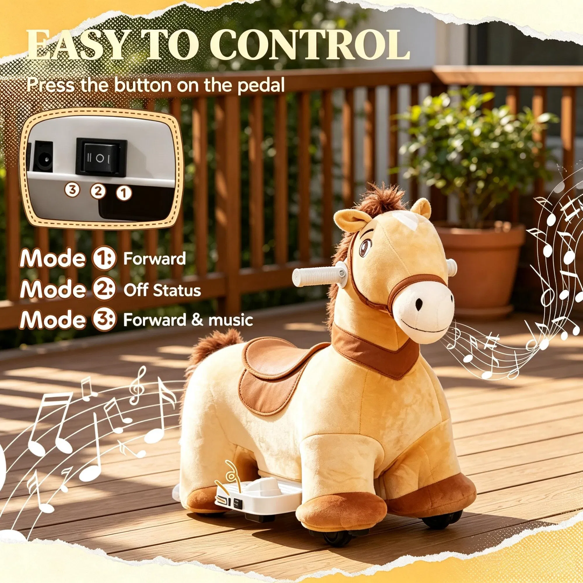 Brown 6V Electric Ride On Pony: Battery Powered Toddler Toy with Music, Forward Movement & Silent PU Wheels for 18-36 Months Old — imagen 4