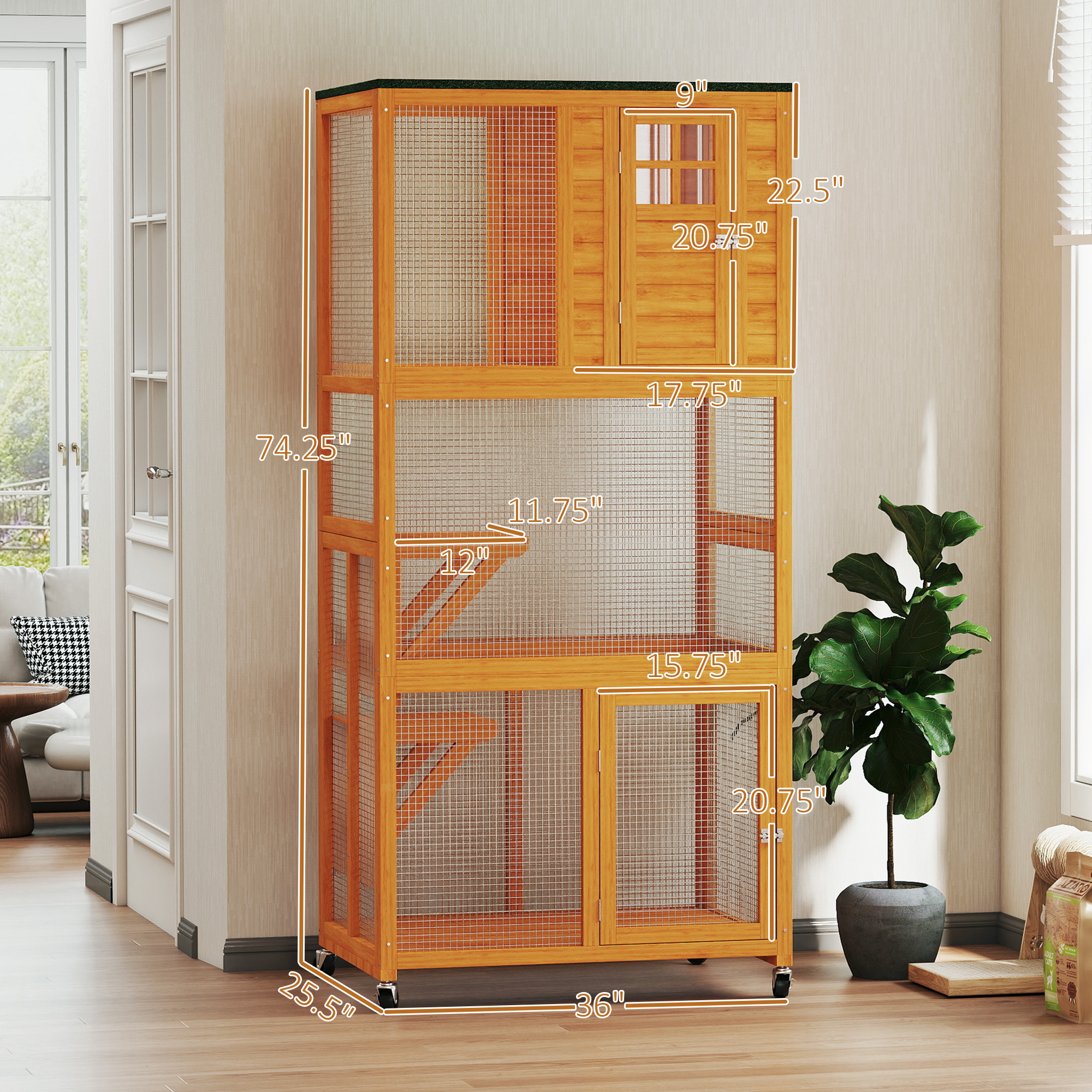 Casa de Madera Externa para Gatos de 74" con Ruedas, Color Naranja — imagen 6