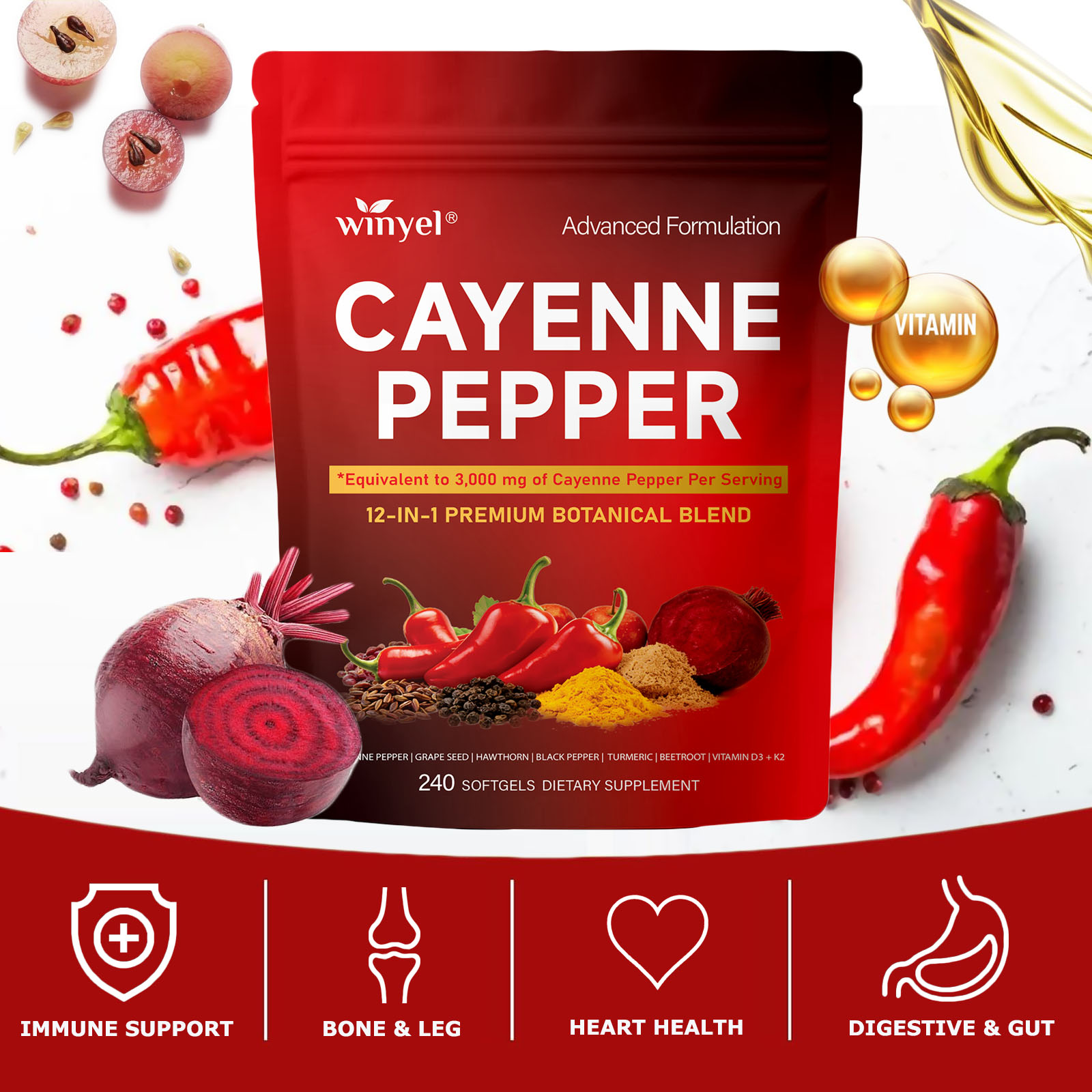 Chili Pepper Softgel Supplement To Support Leg Vein, Heart, And Vascular Health. Contains Vitamins C, D3, And K2, As Well As Extracts Of Grape Seed, Hawthorn, Cinnamon, And Beetroot 240 Softgels — image 2