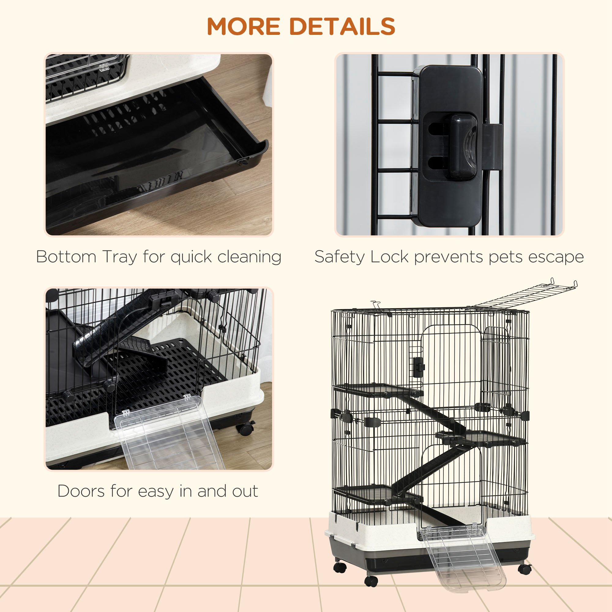 Caja para Pequeños Animales L de 4 Niveles con Ruedas Universales Bloqueables, Plataforma Deslizante para Conejos, Chinches y Ferretes, Negro — imagen 4