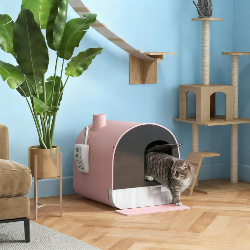 Pink Cat Litter Box With Lid With Scoop And Filter — imagen 1