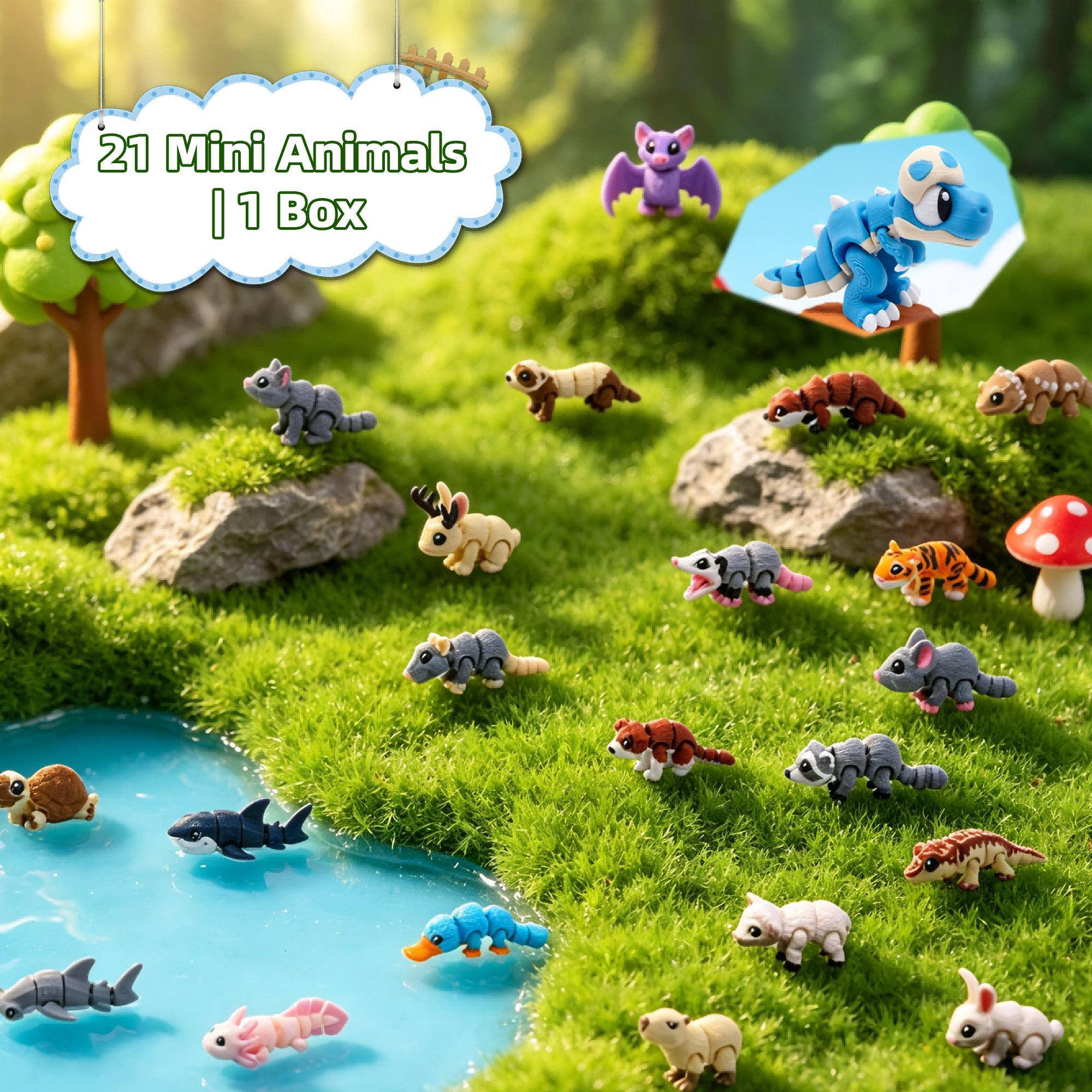 21PCS Mini Animal Figurines Set With Storage Box, 3D Printed Articulated Small Animal Collection, Desk Decor, Micro Landscape Ornaments, Gift Set — image 1