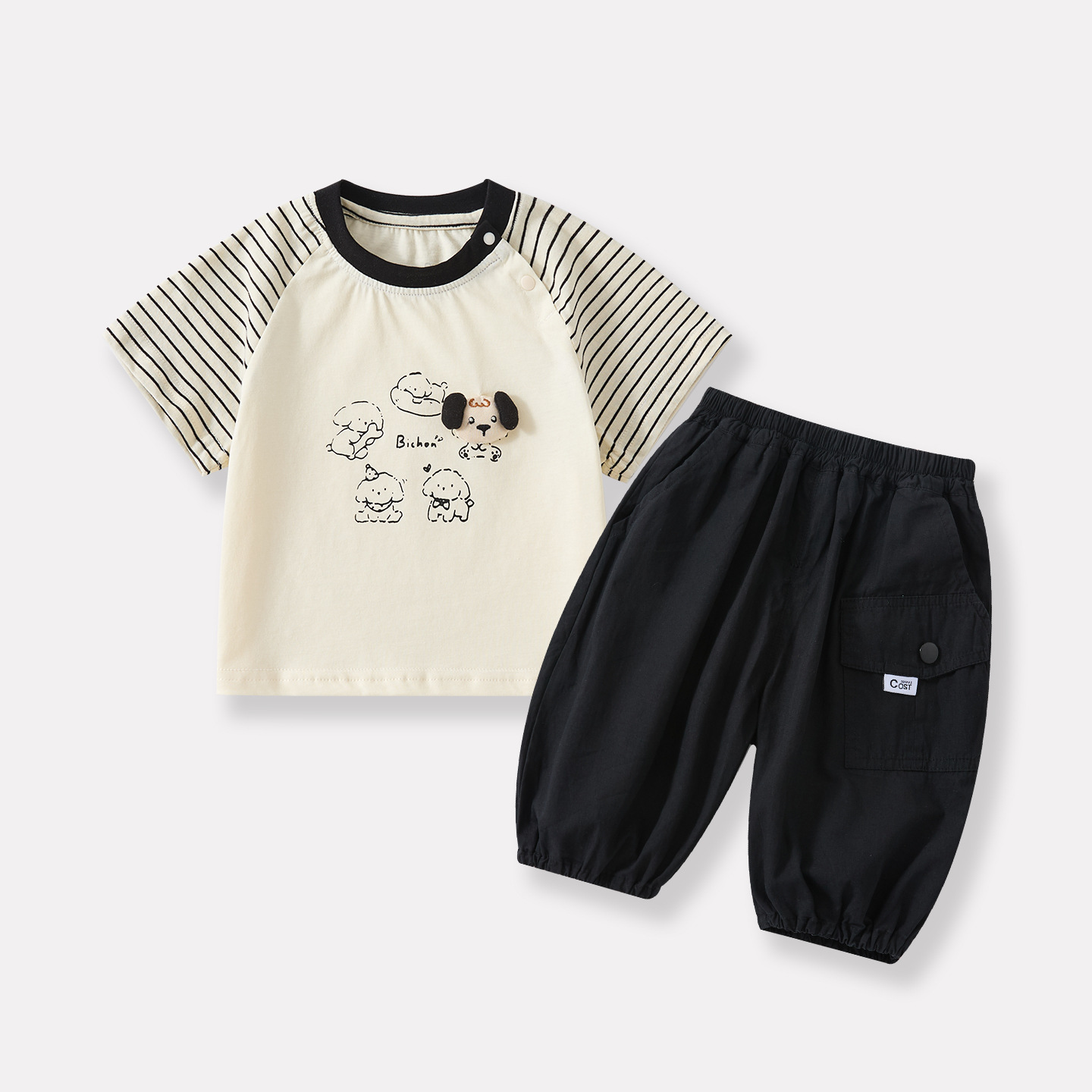 Cartoon Dog Print Striped Short Sleeve Top and Cotton Work Pants Two-Piece Set — image 4