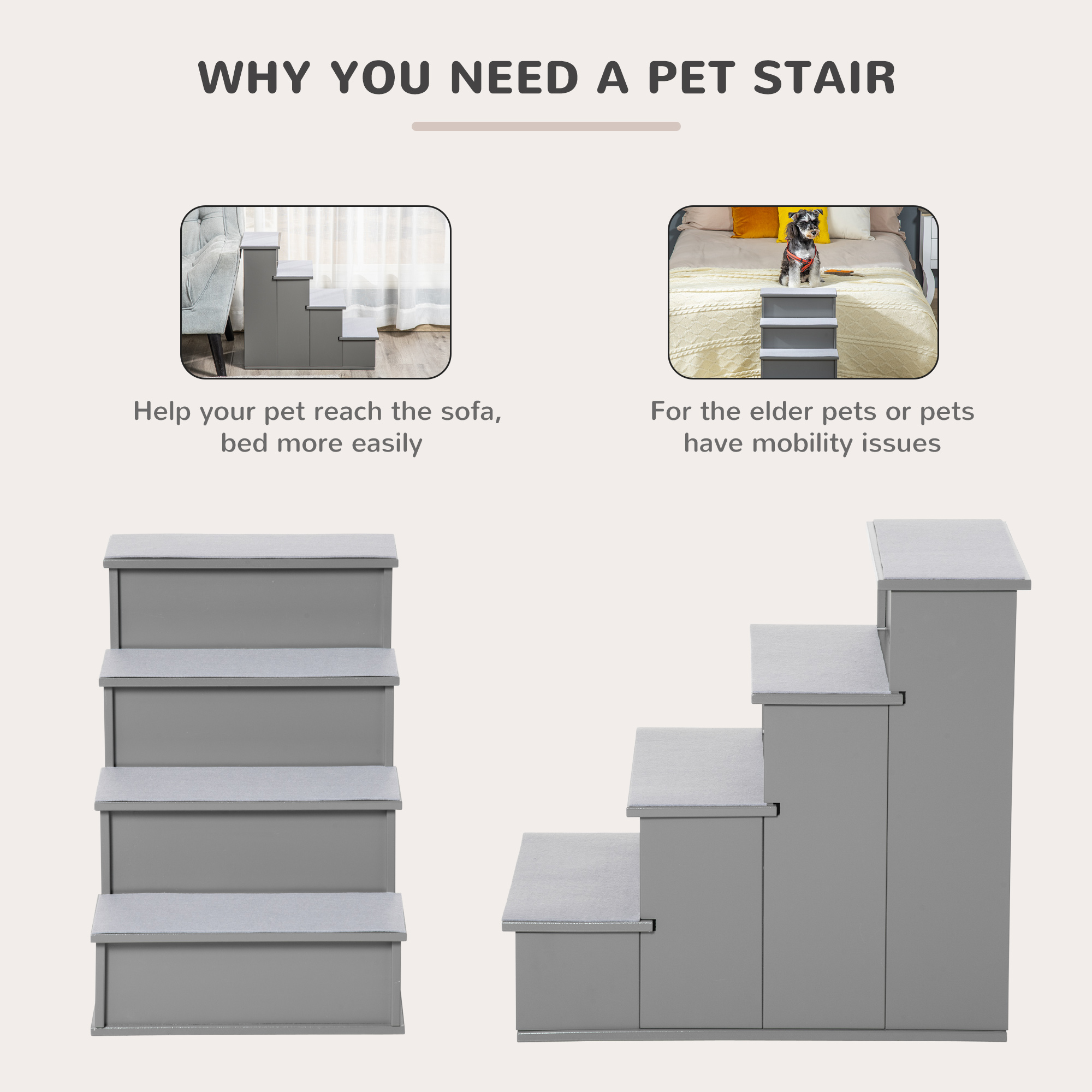 Pet Stairs, Small Dog Steps For Couch Bed With Cushioned Removable Covering, 15.75" X 23.25" X 21.25", Grey — imagen 3