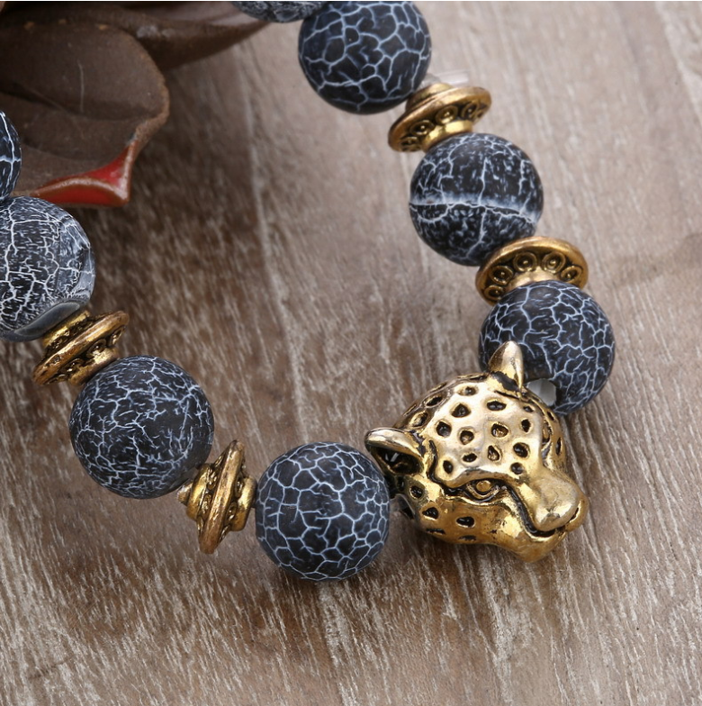 Pulsera de cuentas con cabeza de leopardo en ágata y aleación — imagen 2