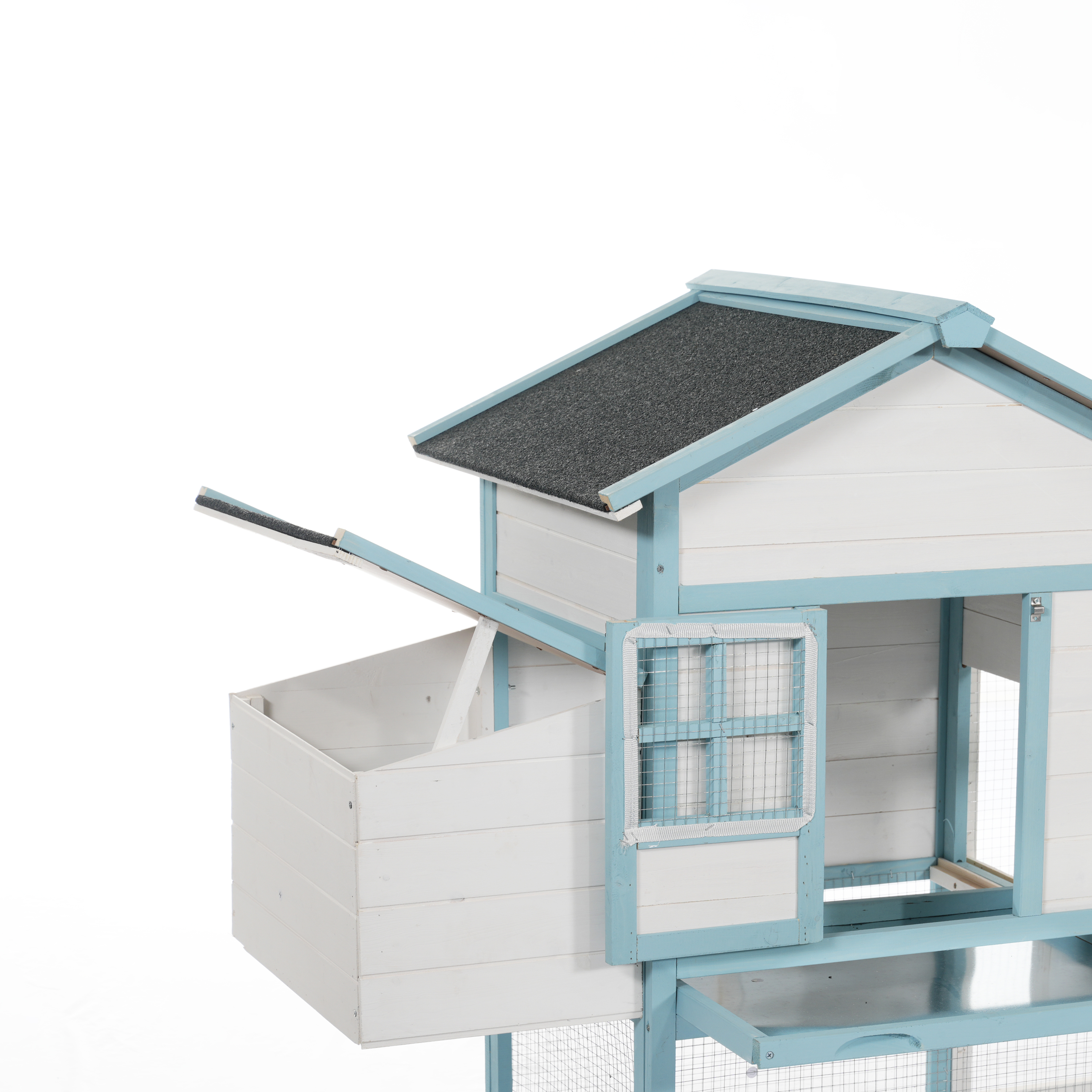 Casa de Gallinas Grande en Madera con Dos Cajas de Incubación, Corral Exterior con Techo Impermeable de Asfalto y Acceso Peatonal, Jaula de Pollos de Madera de Abeto con Platos de Desperdicios Retraillables, Azul y Blanco para Gallineros de Patio — imagen 8
