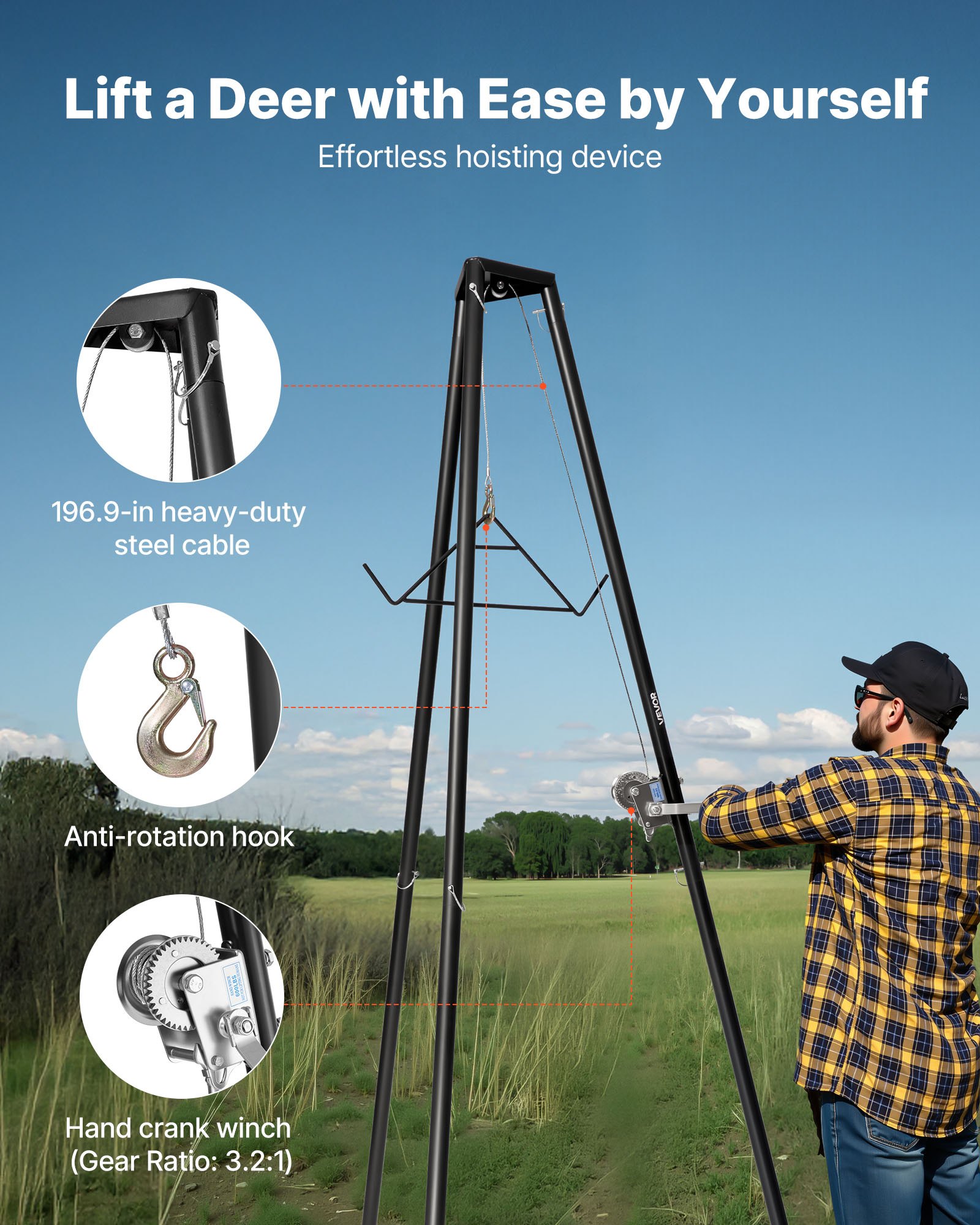 Tripode para levantar venados de 500 lbs, sistema de levantamiento con manivela y gancho, accesorio para caza y preparación de piezas — imagen 5