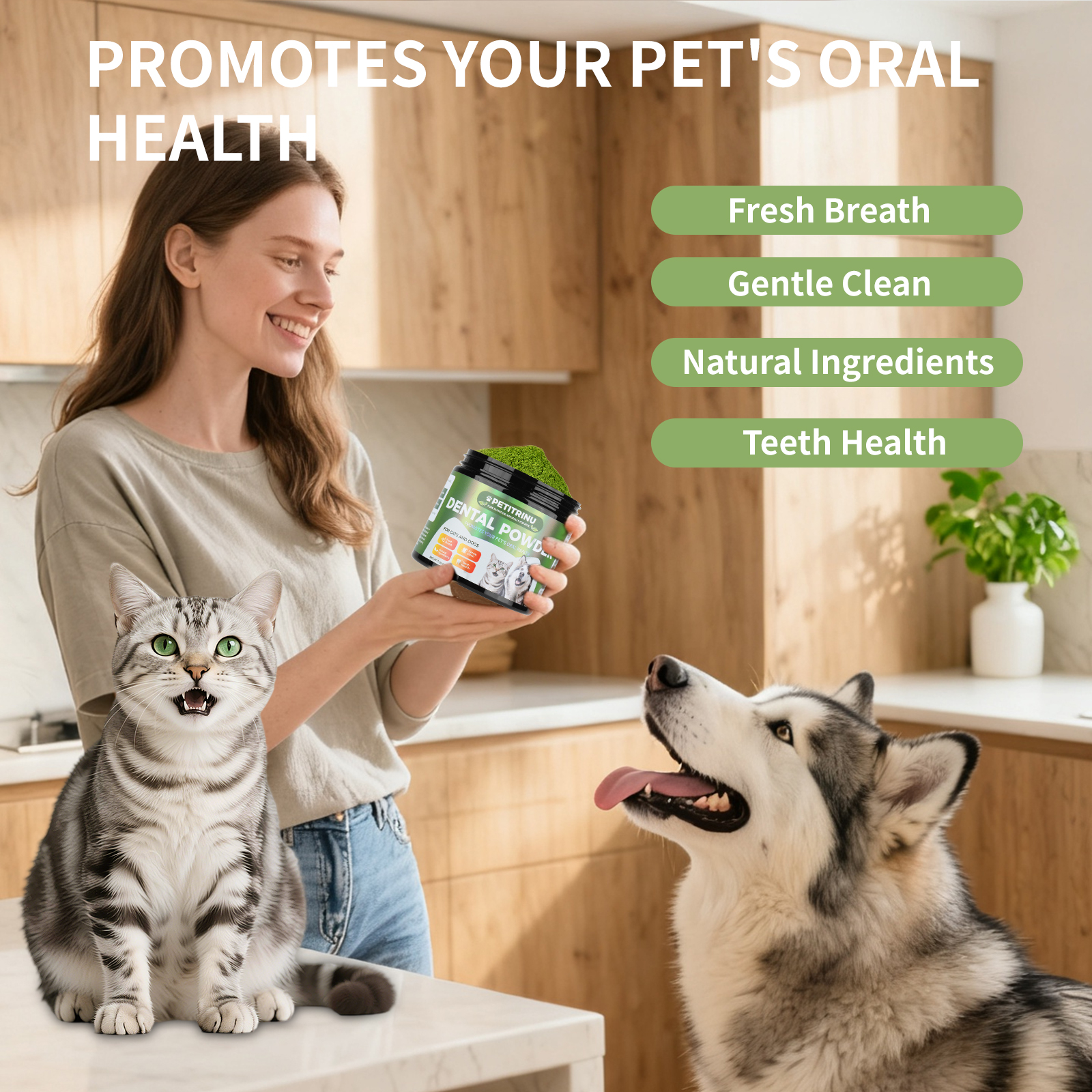 PETITRINU Polvo Dental Natural para Gatos y Perros, Aliento Fresco Higiene Oral Suave Salud de los Dientes 150g — imagen 4