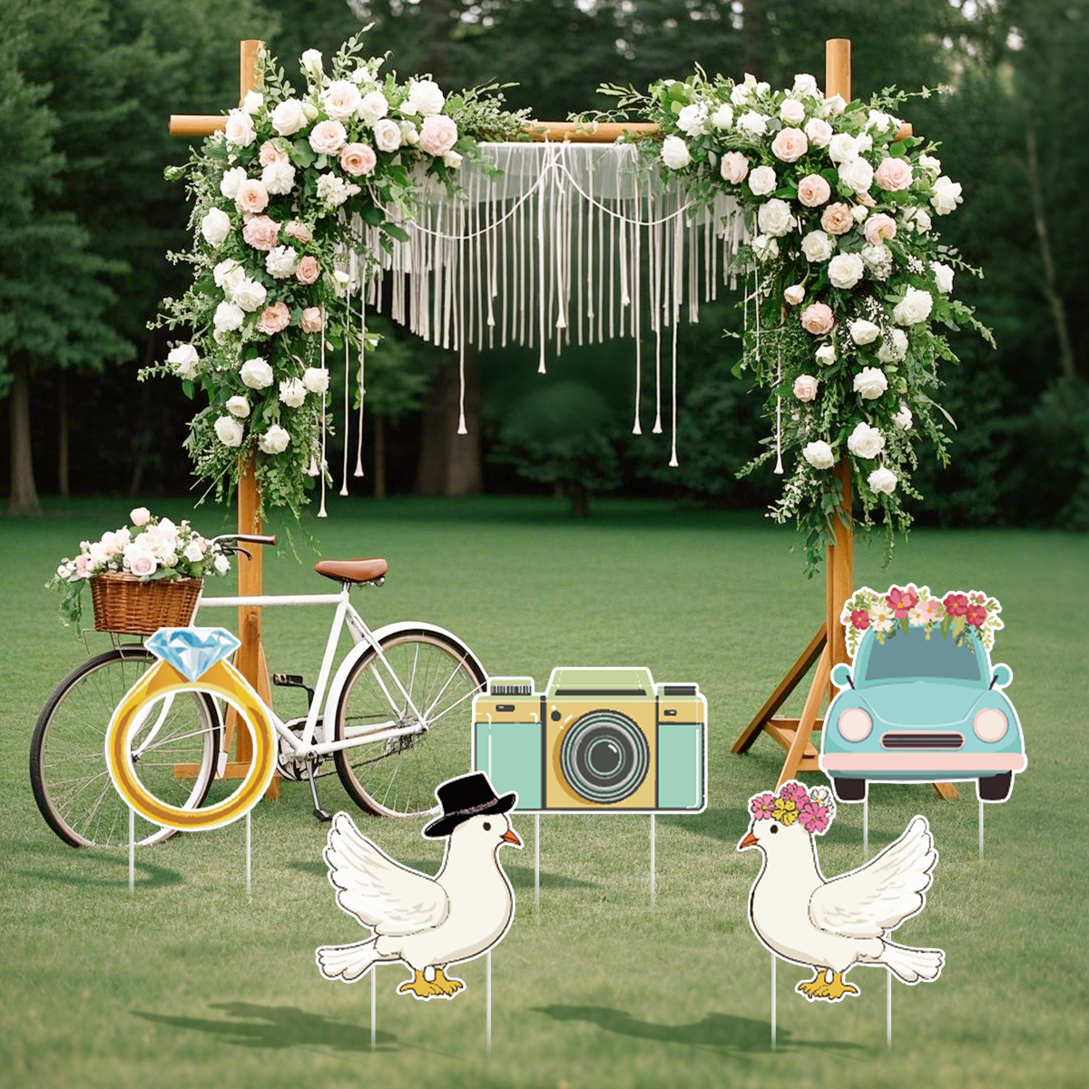 5 Piezas de Letreros de Jardín para Fiesta de Bodas con Estacas, Diseño de Paloma, Anillo y Cámara, Decoración de Camino, Letrero de Bienvenida de Plástico para Recepción, Grandes Accesorios de Fondo para Photo Booth de Despedida de Soltera, para Bodas P — imagen 2
