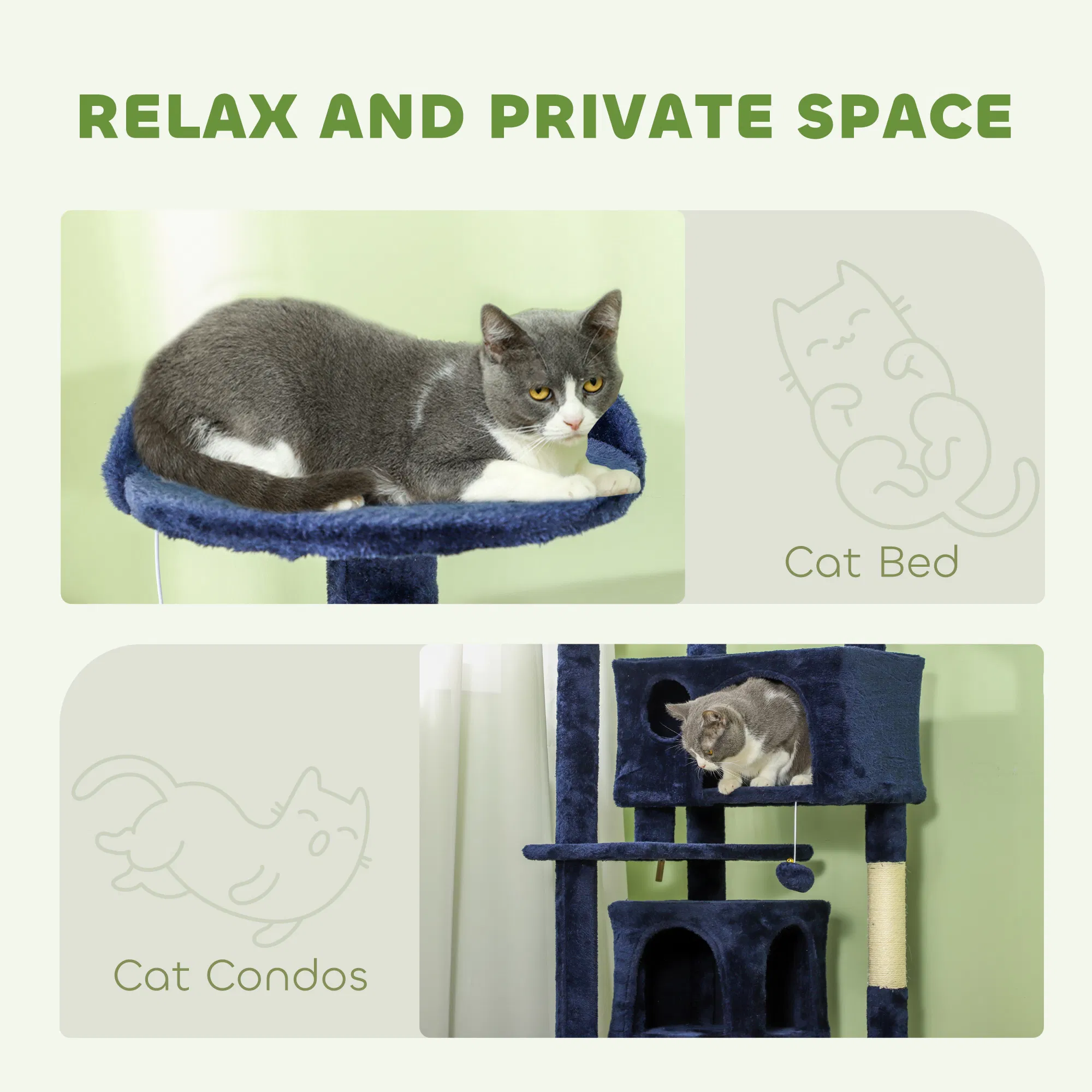 54" Cat Tree, Multi-Level Cat Tower with Scratching Posts, Cat Condos, Bed, Platforms, Ramp, Toy Ball, Dark Blue — image 3