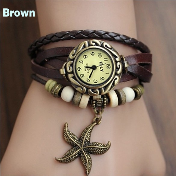 Lady Starfish Bracelet Watch Clock Retro Weave Wrap Watches Genuine Leather Starfish Wristwatch Slim Bnad small Dial LL — image 7