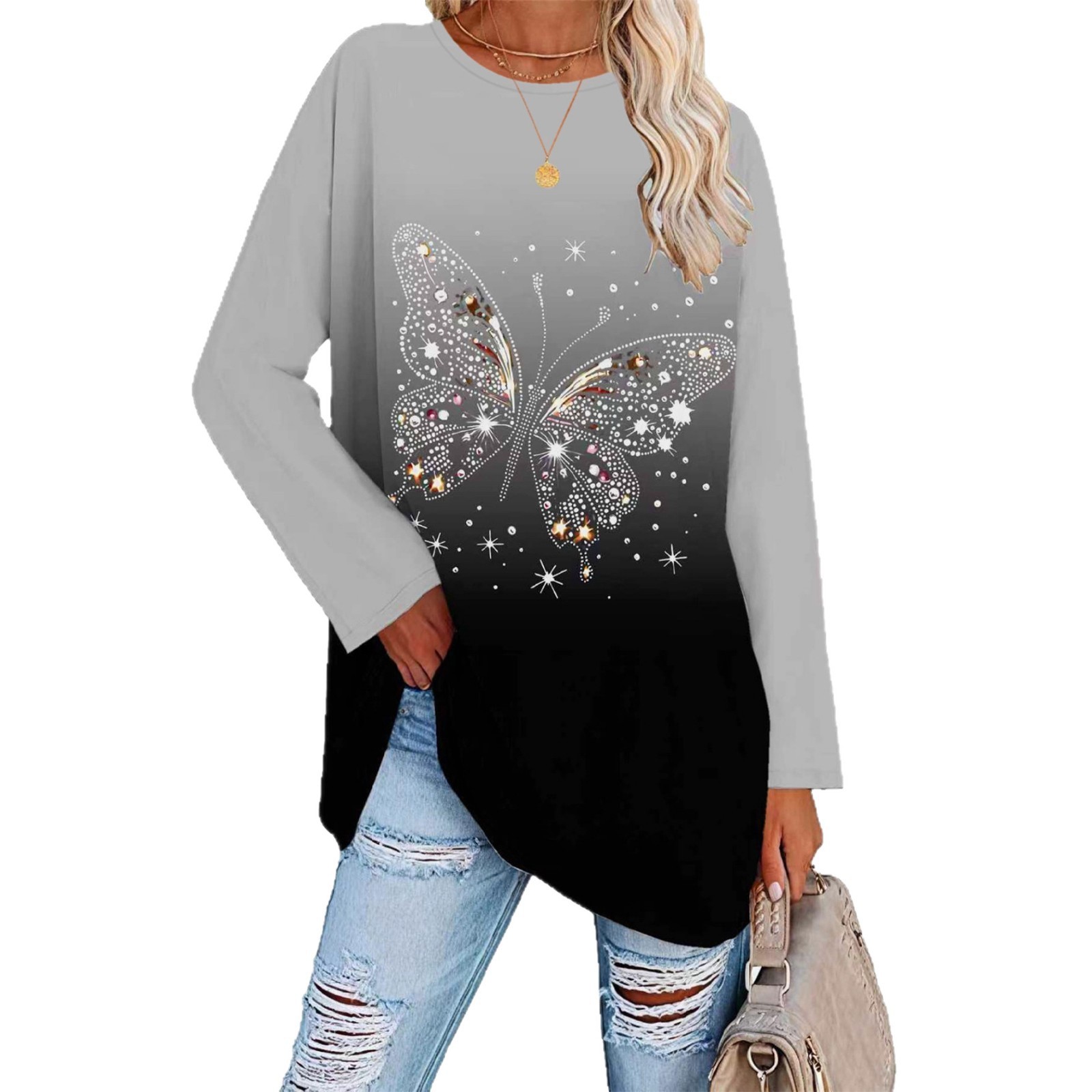 Elegant Butterfly Print Round Neck T-Shirt for WomenWinter Casual Comfortable Style — image 6