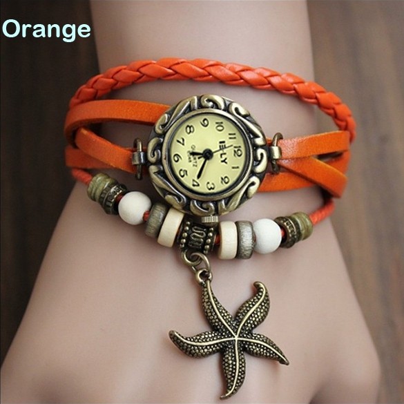 Lady Starfish Bracelet Watch Clock Retro Weave Wrap Watches Genuine Leather Starfish Wristwatch Slim Bnad small Dial LL — image 2