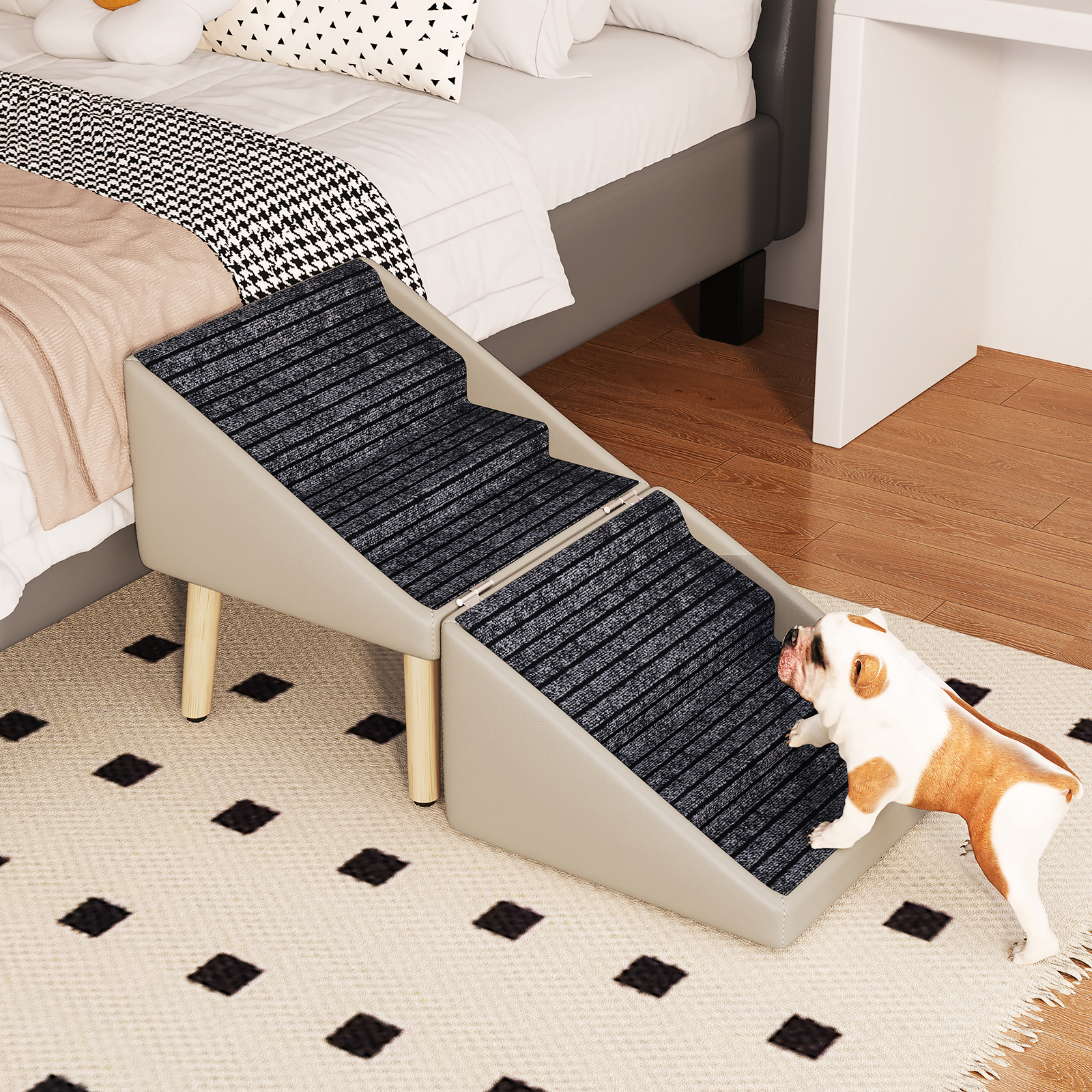 Paso para Perros para Cama y Sofá - Escaleras de Madera 2 en 1 para Perros Grandes, Medianos y Pequeños, Diseño Split con Superficie Antideslizante Gris Claro — imagen 3
