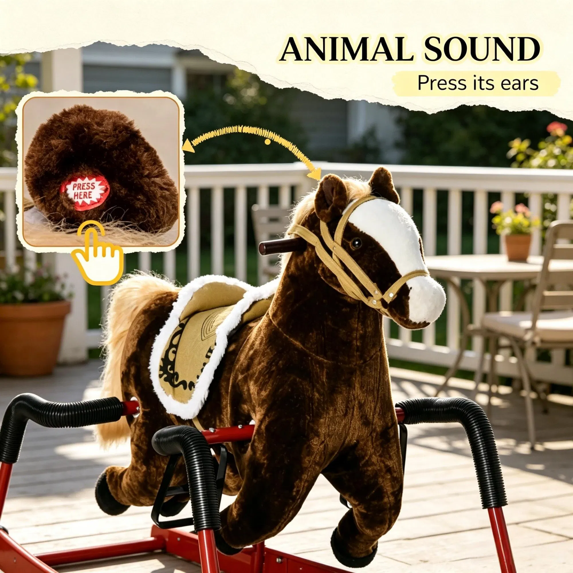 Dark Brown Interactive Kids Ride on Horse Spring Rocking Horse with Sounds, Plush Soft Feel Animal Ride-on Toy — imagen 8