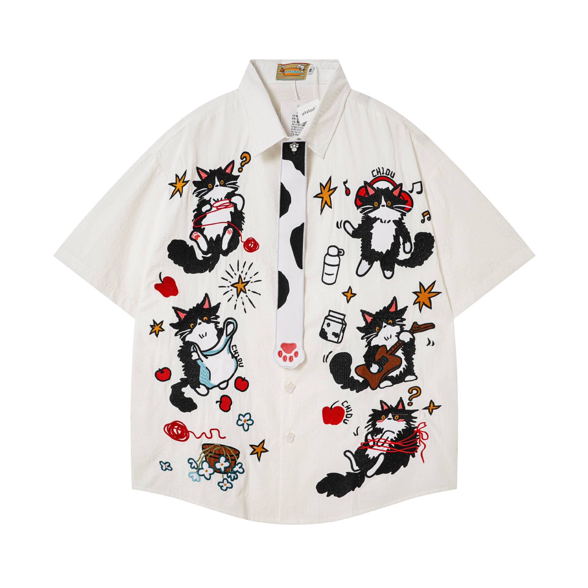 Black and white cat embroidery short sleeved shirt — image 2