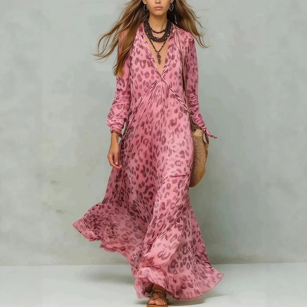 Dress de Verano con Estampado de Leopardo, Vuelo Profundo y Manga Larga — imagen 1