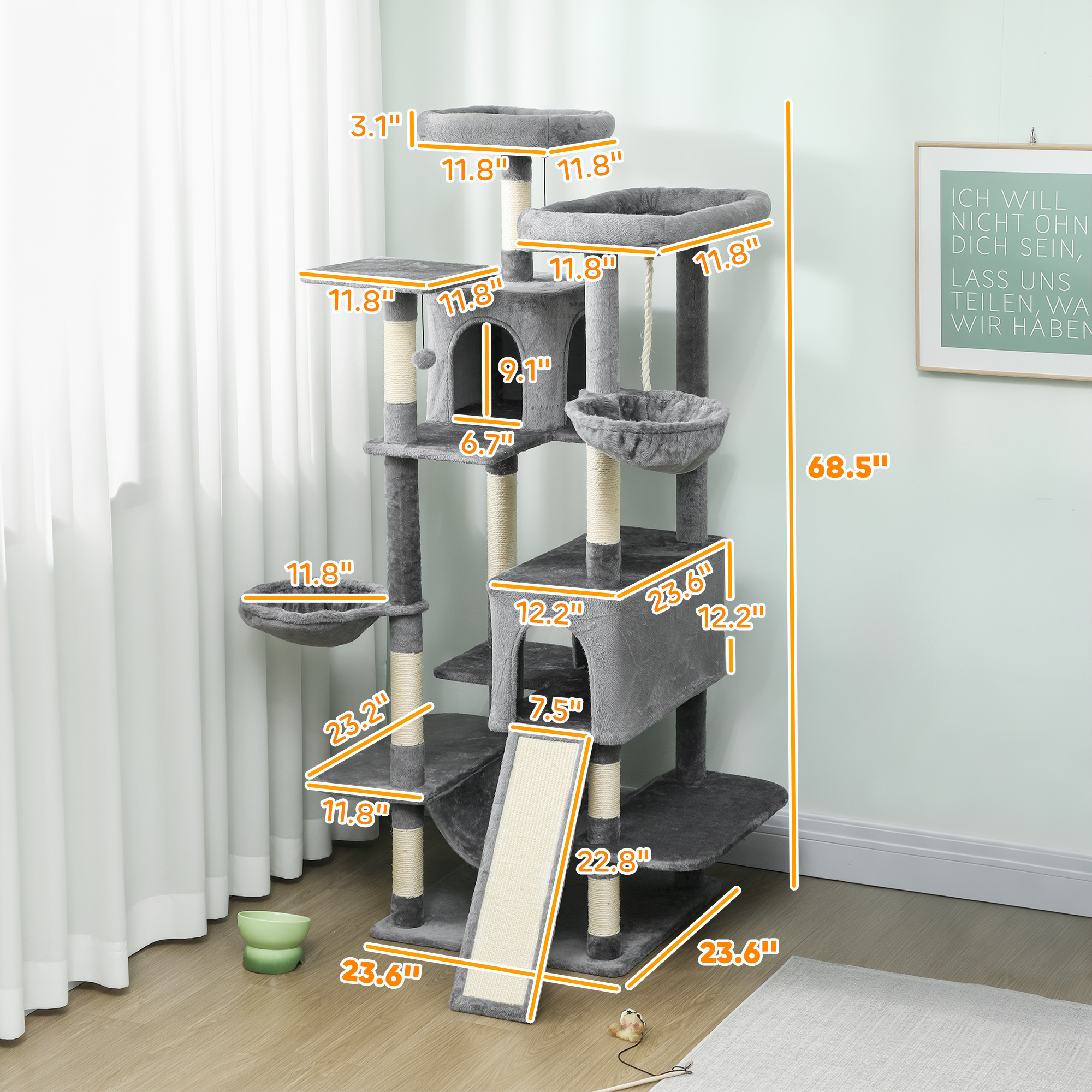 Árbol para Gatos de 69", Torre Multinivel con 2 Condominios y 3 Hamacas, 8 Postes Rascadores, para Varios Gatos, Gris Oscuro — imagen 6