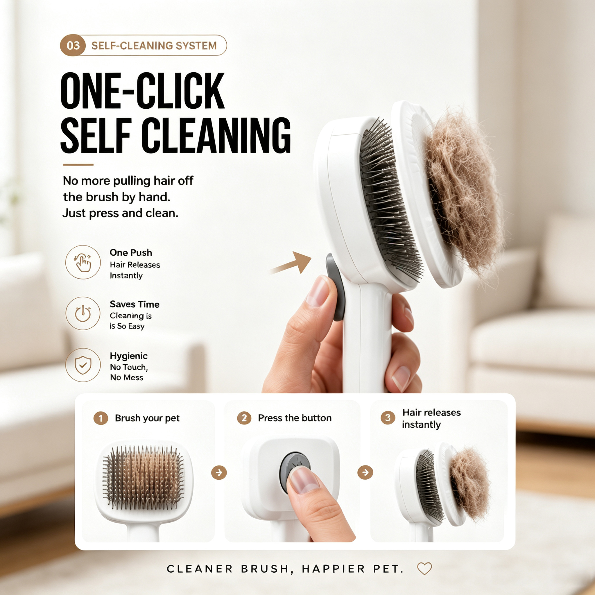 Pulidora de Grooming para Mascotas: Cepillo Auto-Limpio con Un Botón Para Eliminar Pelo, Herramienta Suave para Desprender y Cuidado Capilar — imagen 4