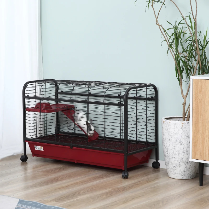 PawHut 41L Small Animal Cage, Pet Play House For Rabbit Hutch Ferret With Feeder, Rolling Wheels, Platform, Ramp — image 4