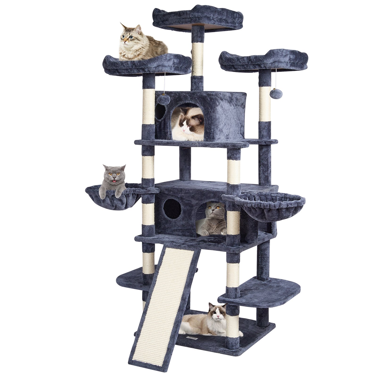 Árbol para Gatos de Interior, 68,5" Torre para Gatos con 2 Condos, Palo de Escarificar de Sisal, Hamacas, Perchas Superiores y Plataformas de Salto, Centro de Actividad para Gatos con Pelotas Colgantes, Gris Oscuro — imagen 1
