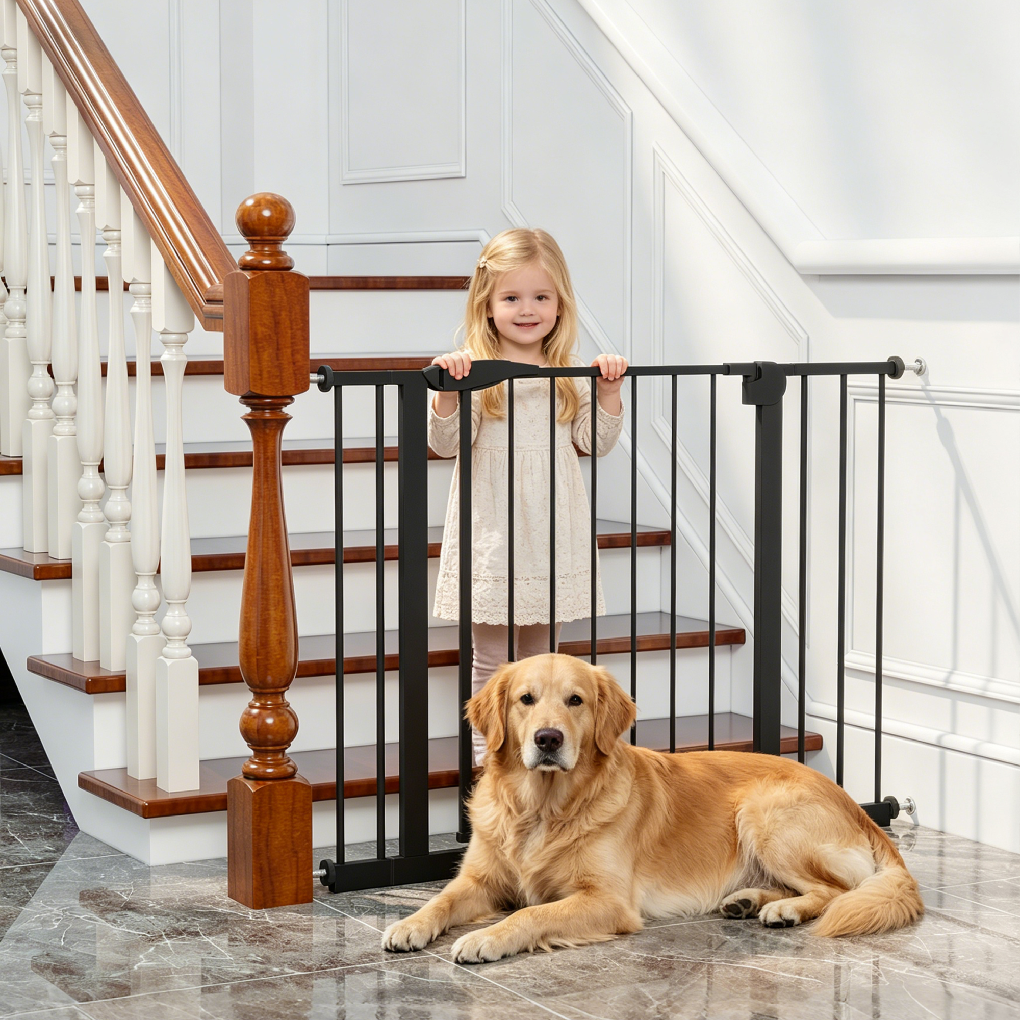 29.5-44.1 Wide Baby Gate For Stairs, Dog Gate Indoor For Doorways, No Drilling Pressure Mounted Pet Gates For Kids, Easy Walk Through Safety Gate, Black — imagen 3