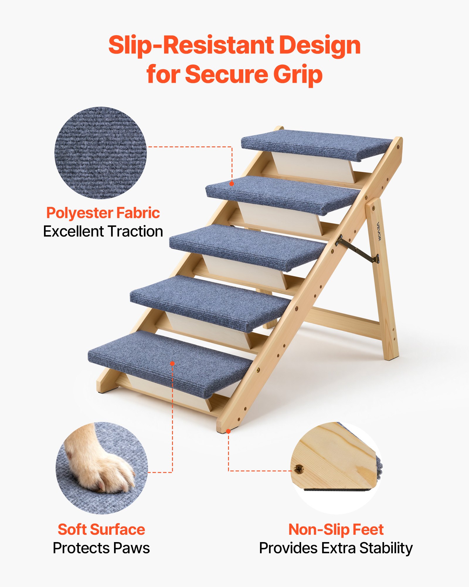 Escaleras de Madera para Mascotas, 5 Peldaños para Canes y Gatos en Camas, Sofás & Coches, Capacidad 150lbs, Diseño Plio Plegable, Estable y Rígido Para Pequeños Grandes Ancianos Perros y Gatos — imagen 4