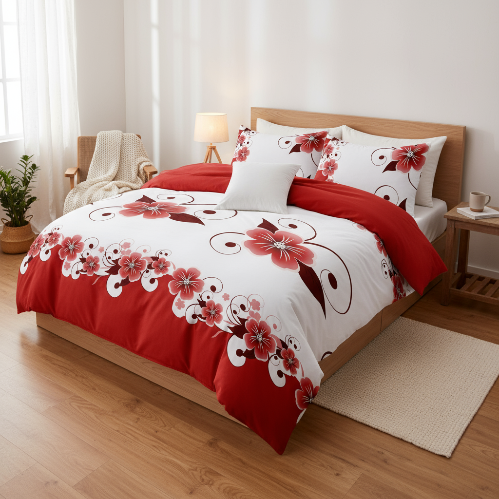 Set de Funda Nórdica de 5 Piezas, Ropa de Cama Floral Roja y Blanca, Funda para Edredón Botánica, Ropa de Cama Reversible de Alto GSM, Fundas de Almohada a Juego, Fundas de Cojín, Cierre de Cremallera Oculto, 4 Amarres en las Esquinas, Resistente a Mascot — imagen 3