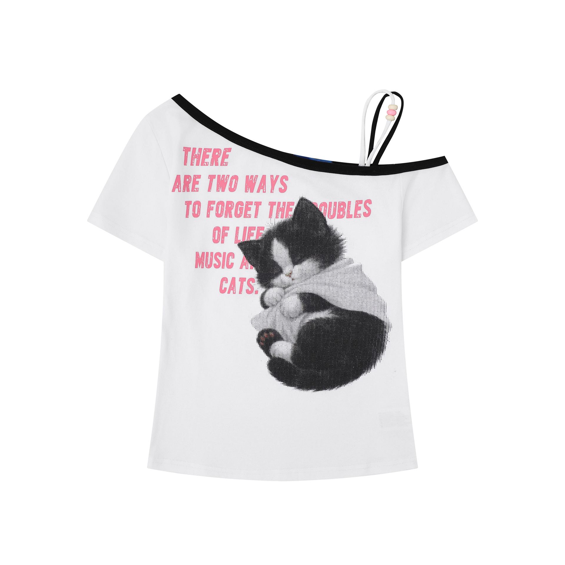 Camiseta de Manga Corta con Estampado de Gato Sexy y Cintas de Perlas Asimétricas para Mujer — imagen 2