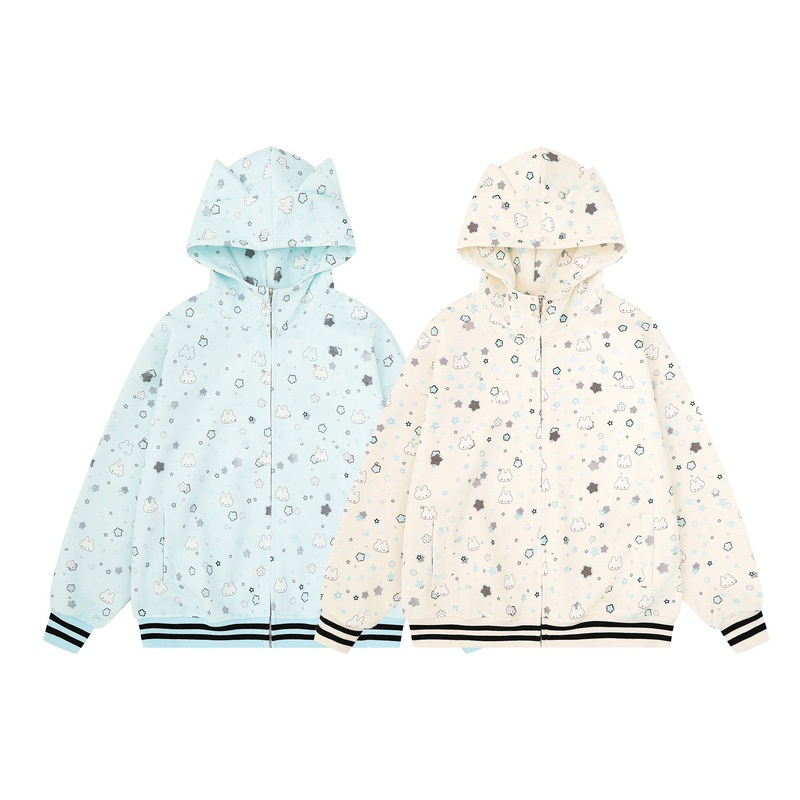 Light blue full print bunny cat ear hooded sweatshirt striped jacket — image 4