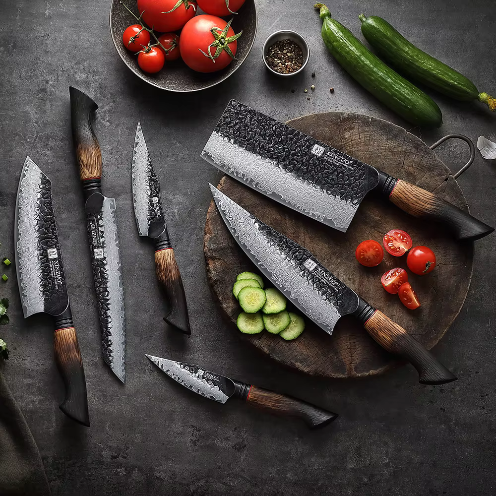 XINZUO 1-6-Piece Damascus Knife Set 67-Layer Steel White Oak Red G10 Handles Paring Utility Cleaver Santoku Bread Knife — image 6