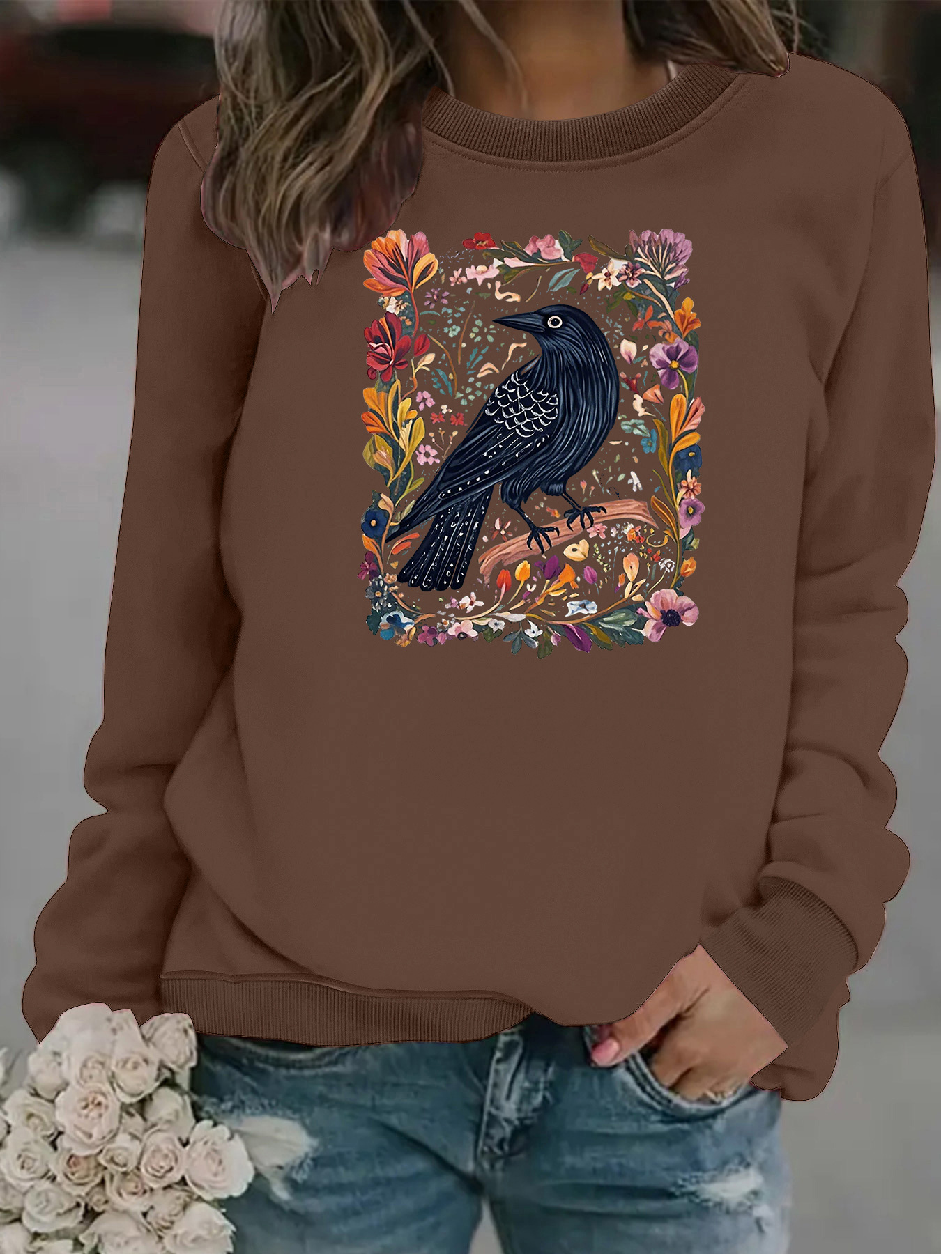 Crow print round neck fleece hoodie — image 13