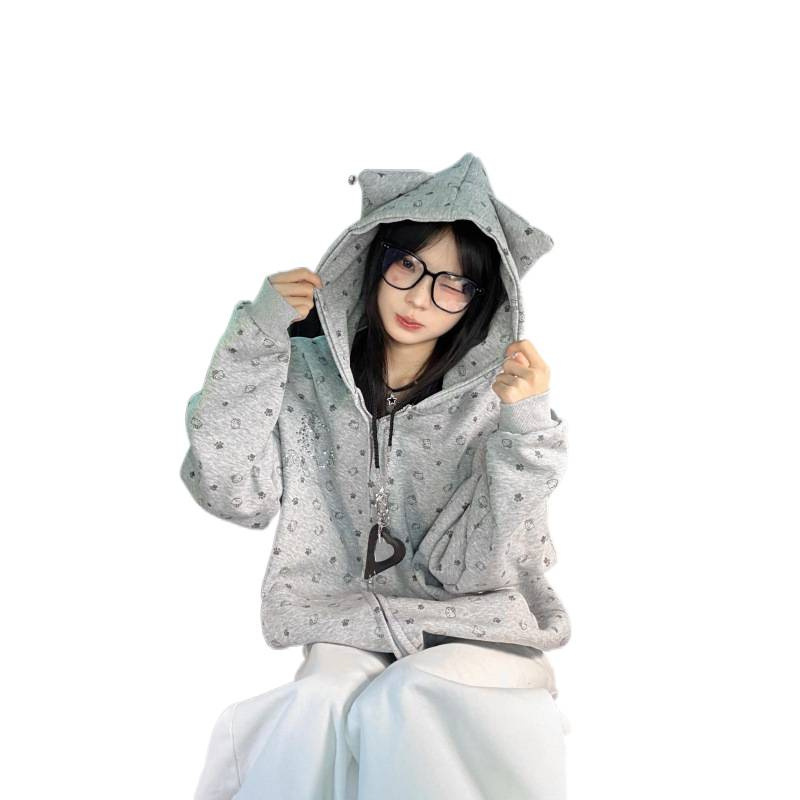 Women's Sweet Cool Rhinestone Kitty Cat Paw All Over Print Hooded Loose Cardigan Jacket — image 2