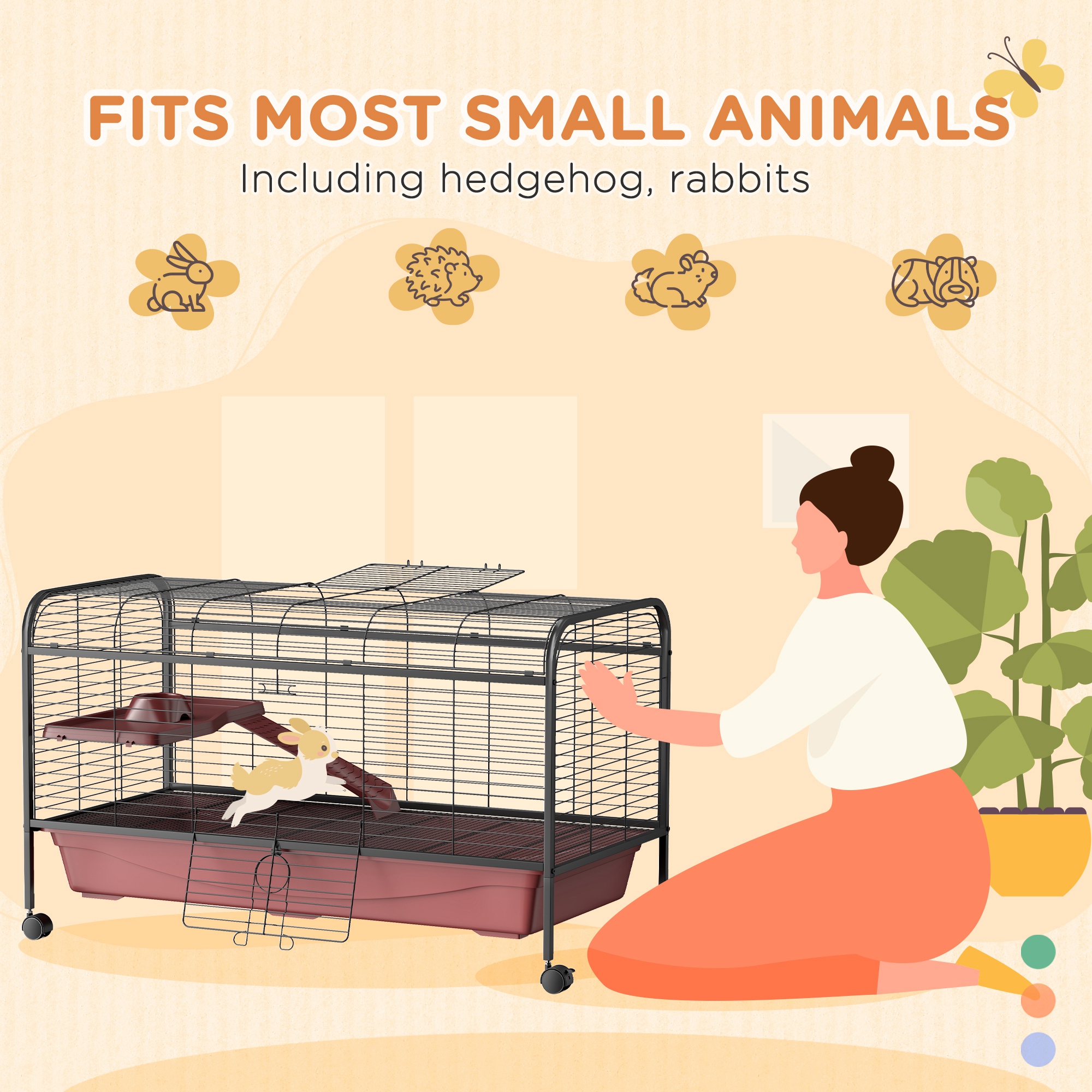 48" L Small Animal Cage, Pet Play House for Rabbit Hutch or Ferret with Feeder, Rolling Wheels, Platform, Ramp — imagen 6