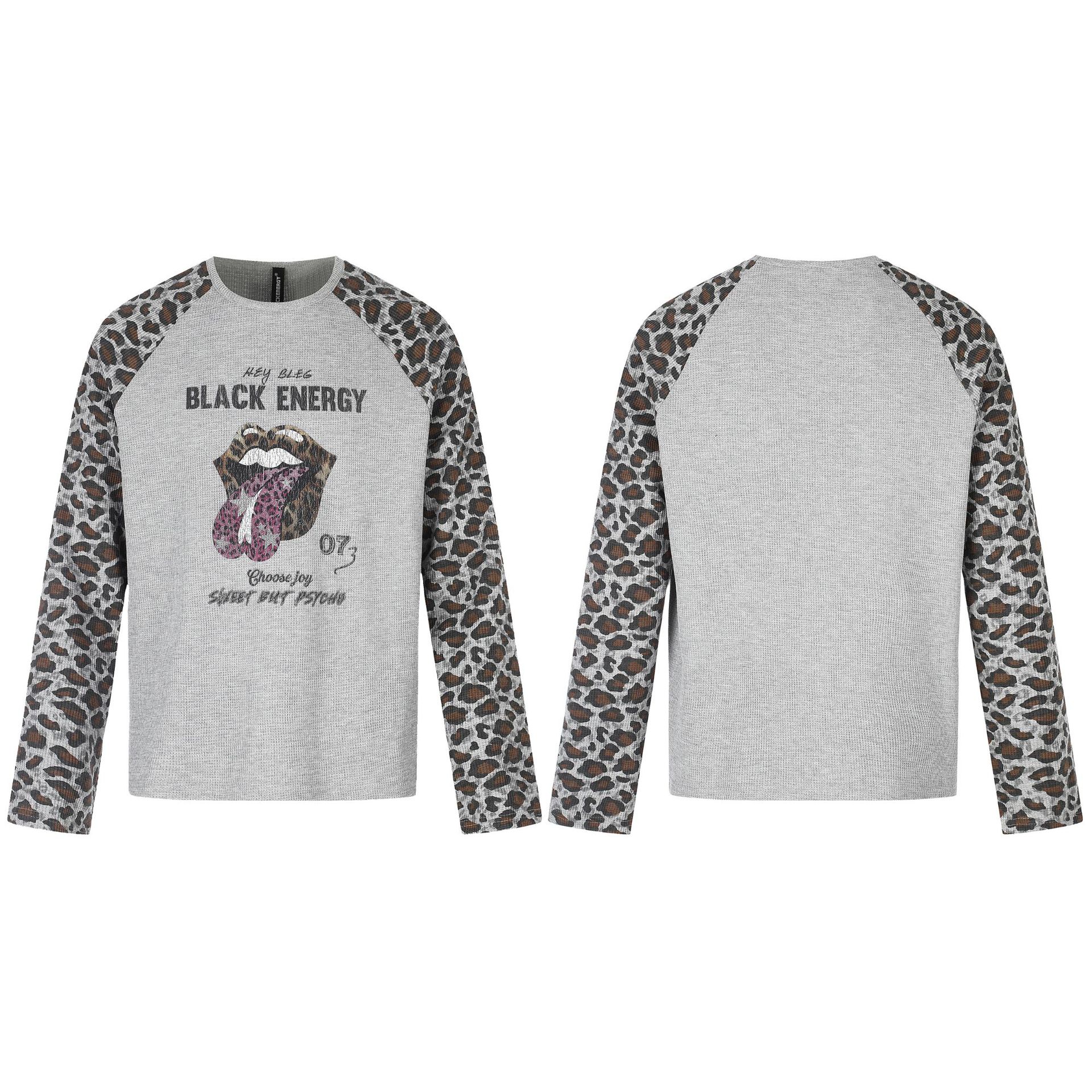 Leopard Print Raglan Long Sleeve T-Shirt Unisex Lips Letter Print Casual Top — image 3
